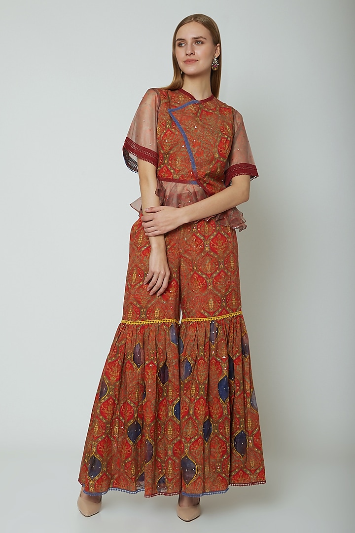 Red Embroidered & Printed Peplum Top With Pants by Poonam Dubey Designs