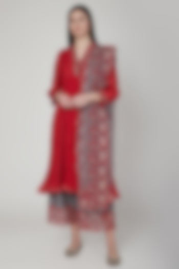 Red & Grey Embroidered Kurta Set by Poonam Dubey Designs