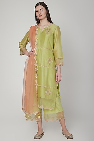 Lime Green & Orange Embroidered Kurta Set by Poonam Dubey Designs
