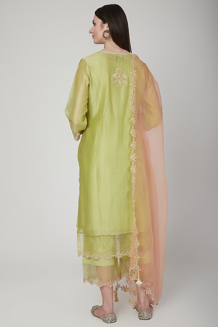 Lime Green & Orange Embroidered Kurta Set by Poonam Dubey Designs at Pernia's Pop Up Shop