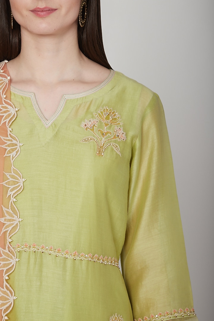 Lime Green & Orange Embroidered Kurta Set by Poonam Dubey Designs at Pernia's Pop Up Shop