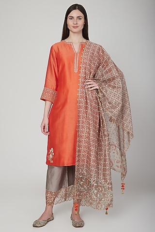 Orange & Beige Embroidered Kurta Set by Poonam Dubey Designs