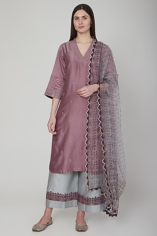 Purple & Grey Embroidered Kurta Set by Poonam Dubey Designs