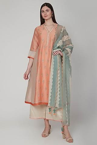 Orange & Beige Zardosi Embroidered Kurta Set by Poonam Dubey Designs