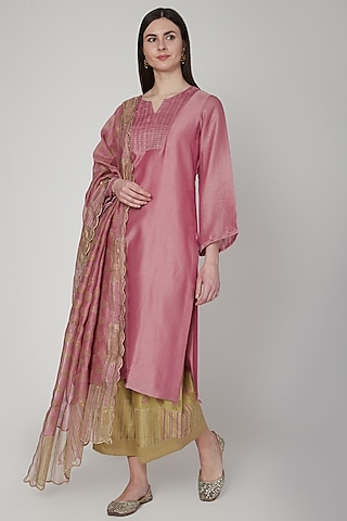 Blush Pink & Mustard Embroidered Kurta Set by Poonam Dubey Designs