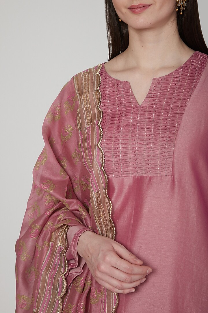 Blush Pink & Mustard Embroidered Kurta Set by Poonam Dubey Designs at Pernia's Pop Up Shop