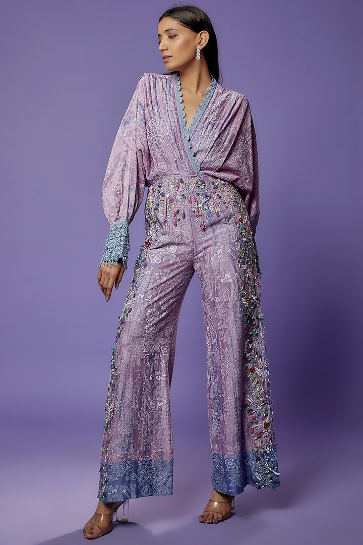 Lilac Chanderi Embroidered & Printed Jumpsuit by Poonam Dubey Designs