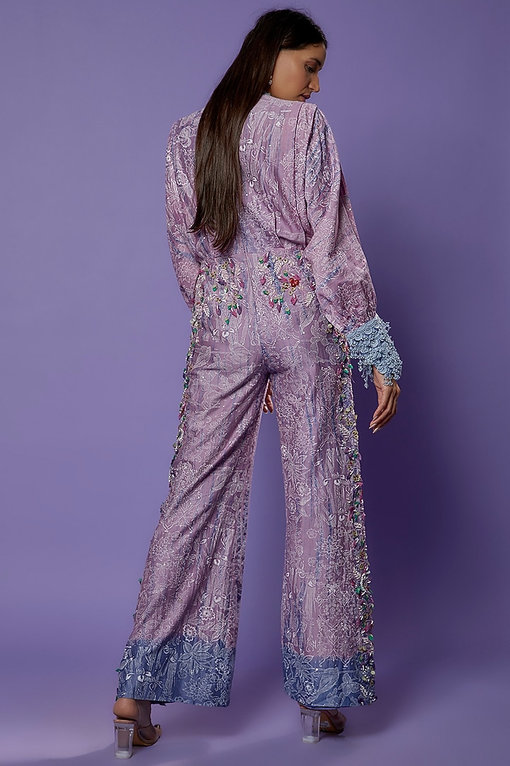 Lilac Chanderi Embroidered & Printed Jumpsuit by Poonam Dubey Designs at Pernia's Pop Up Shop