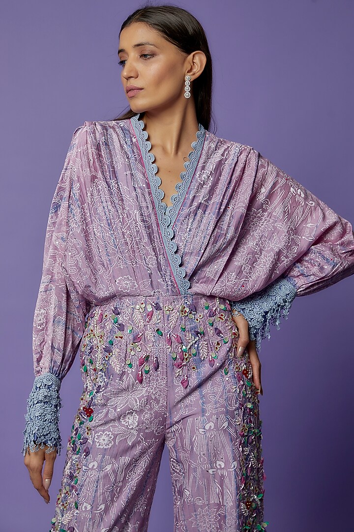 Lilac Chanderi Embroidered & Printed Jumpsuit by Poonam Dubey Designs at Pernia's Pop Up Shop