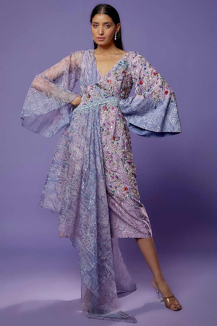 Lilac Chanderi Embroidered & Printed Draped Dress by Poonam Dubey Designs