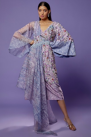 Lilac Chanderi Embroidered & Printed Draped Dress by Poonam Dubey Designs