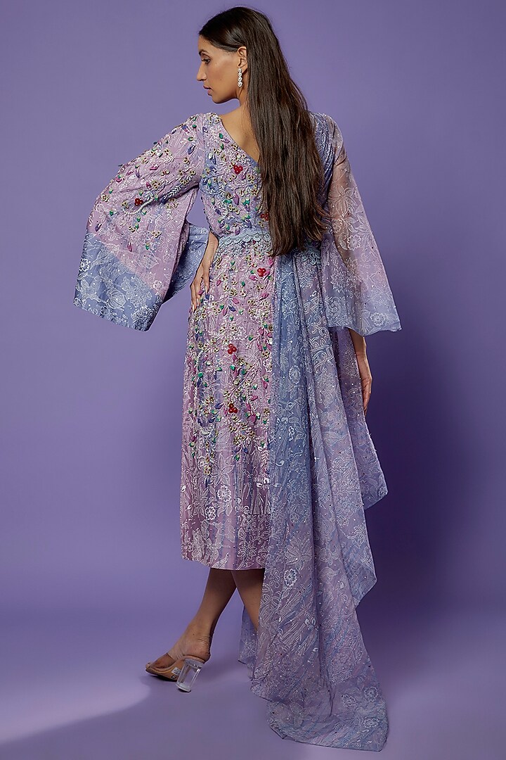 Lilac Chanderi Embroidered & Printed Draped Cocktail Dress by Poonam Dubey Designs at Pernia's Pop Up Shop
