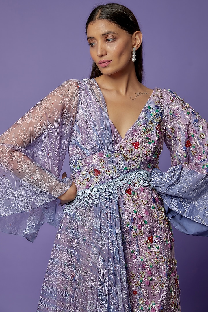Lilac Chanderi Embroidered & Printed Draped Cocktail Dress by Poonam Dubey Designs at Pernia's Pop Up Shop
