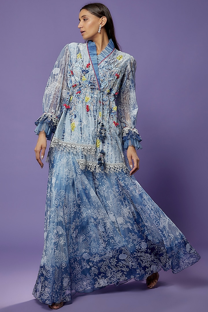 Blue Chanderi Embroidered & Printed Tunic Set by Poonam Dubey Designs