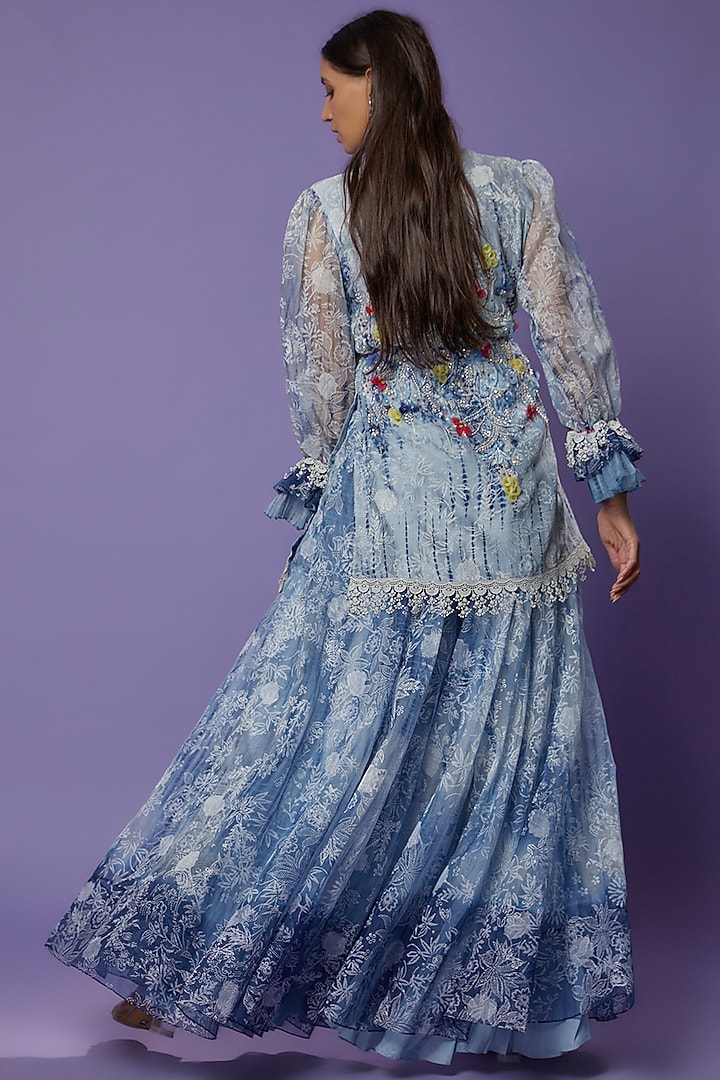 Blue Chanderi Embroidered & Printed Tunic Set by Poonam Dubey Designs at Pernia's Pop Up Shop