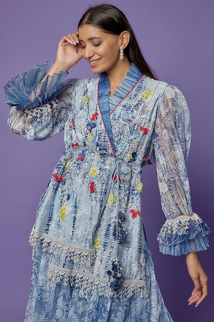 Blue Chanderi Embroidered & Printed Tunic Set by Poonam Dubey Designs at Pernia's Pop Up Shop