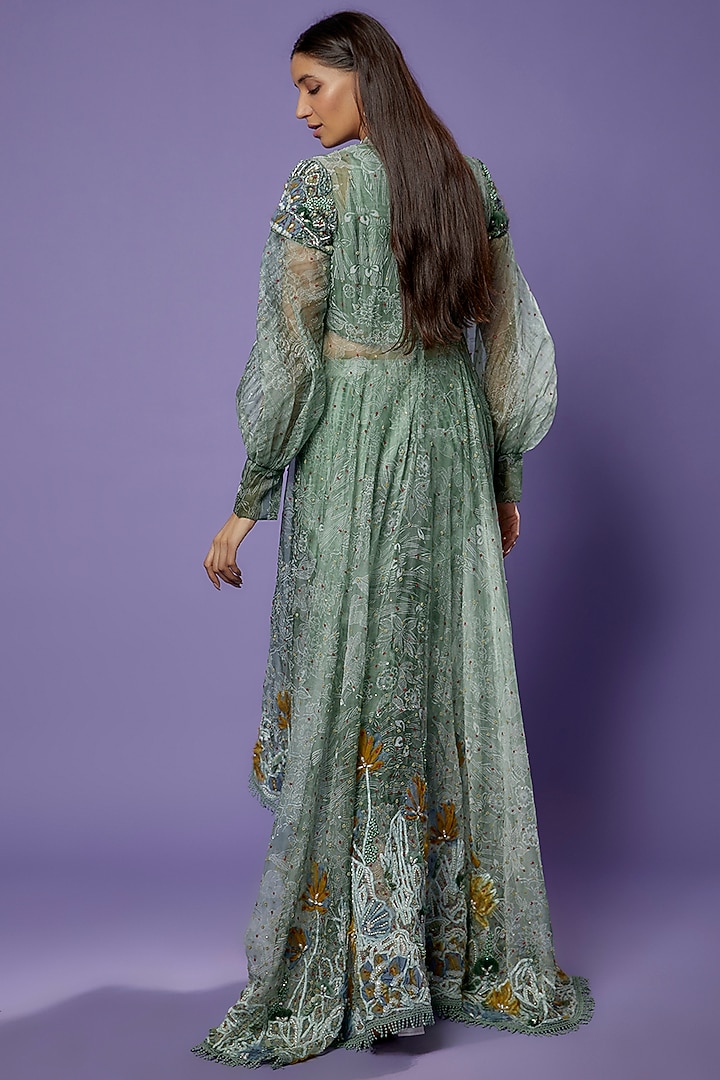 Green Chanderi Embroidered & Printed Tunic Set by Poonam Dubey Designs at Pernia's Pop Up Shop