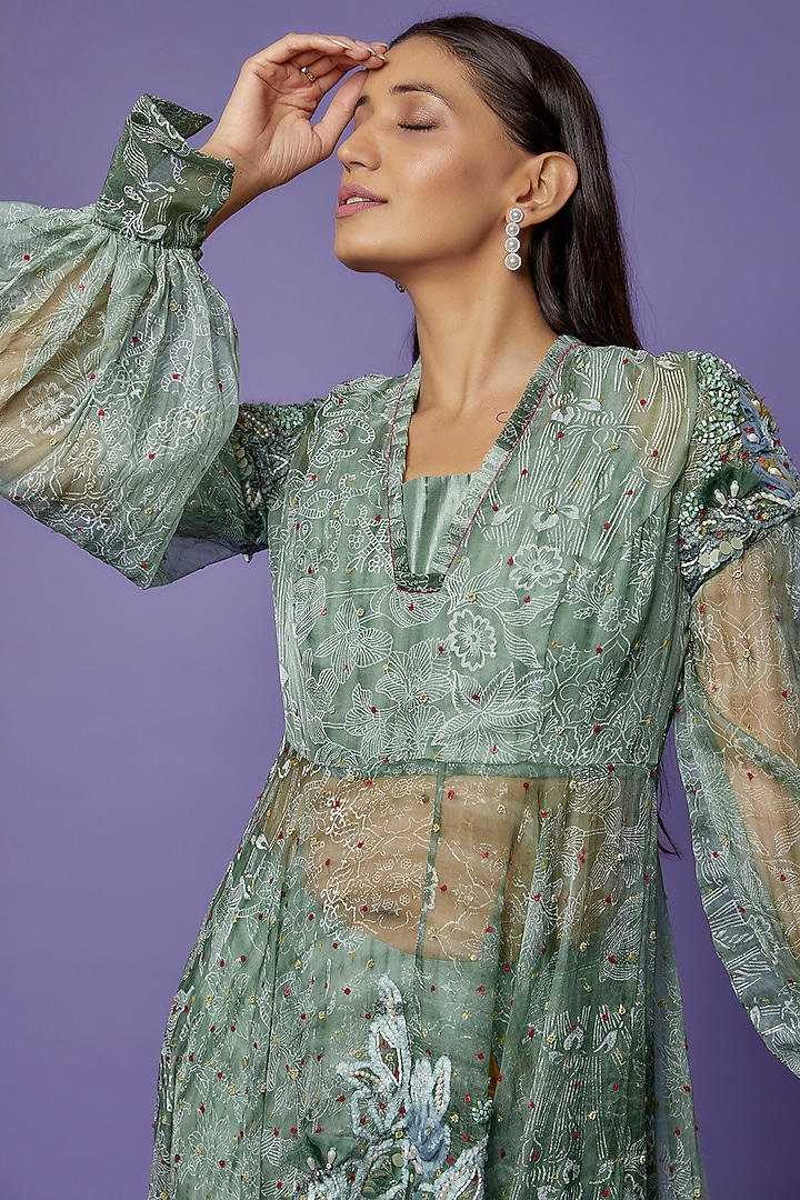 Green Chanderi Embroidered & Printed Tunic Set by Poonam Dubey Designs at Pernia's Pop Up Shop