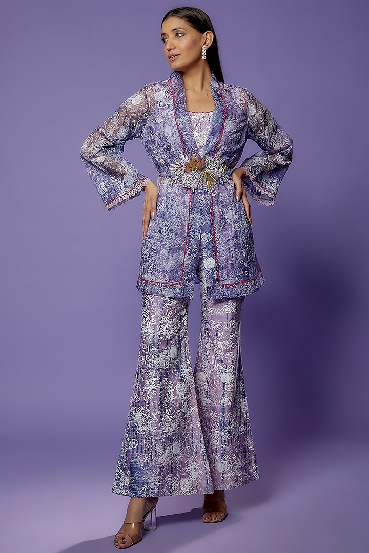 Lilac Chanderi Embroidered & Printed Blazer Set by Poonam Dubey Designs