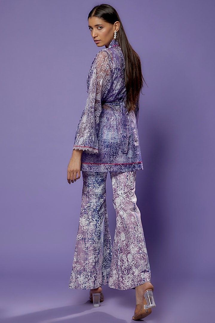 Lilac Chanderi Embroidered & Printed Blazer Set by Poonam Dubey Designs at Pernia's Pop Up Shop