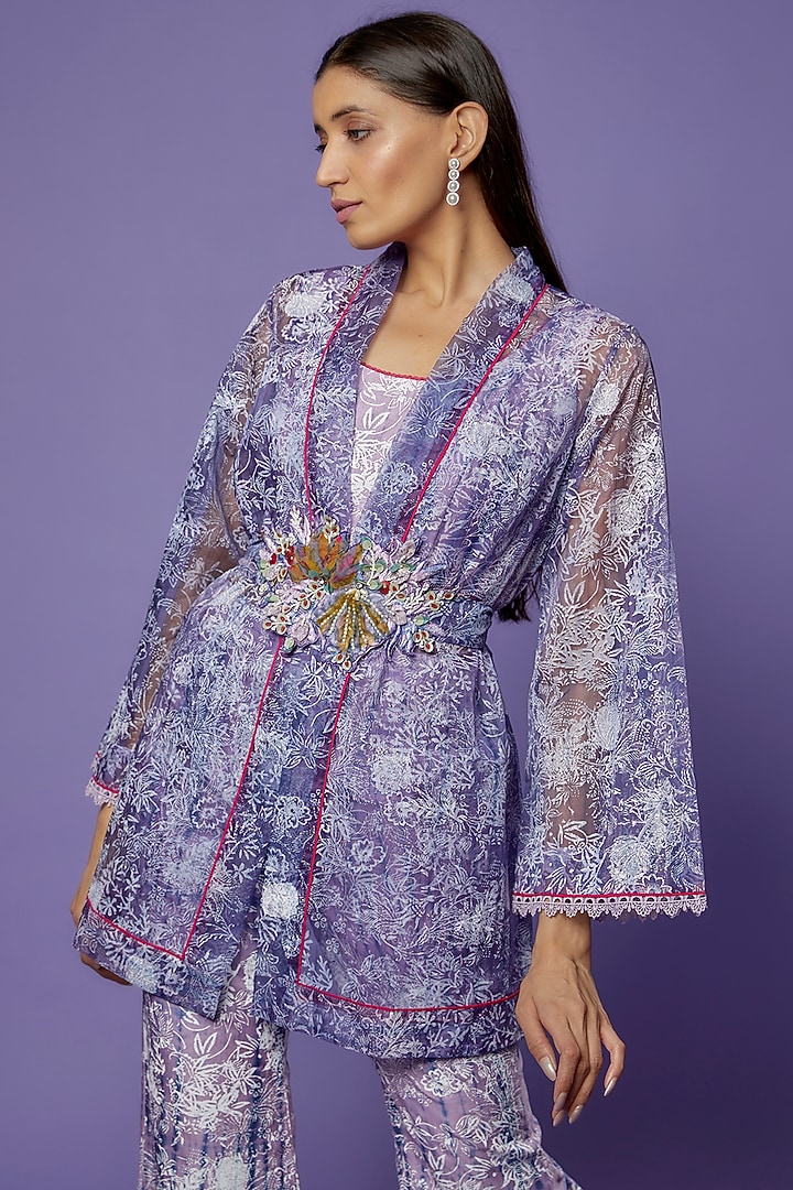 Lilac Chanderi Embroidered & Printed Blazer Set by Poonam Dubey Designs at Pernia's Pop Up Shop
