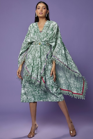 Green Chanderi Tie-Dye Printed Midi Dress With Jacket by Poonam Dubey Designs