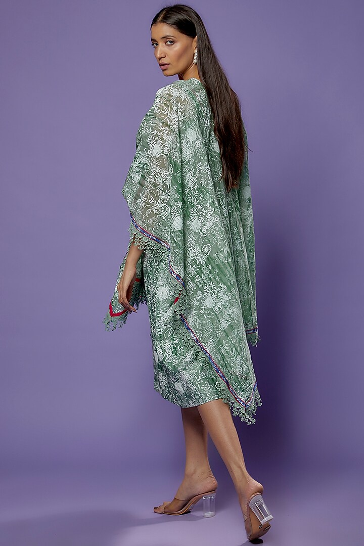 Green Chanderi Tie-Dye Printed Midi Vacation Dress With Jacket by Poonam Dubey Designs at Pernia's Pop Up Shop