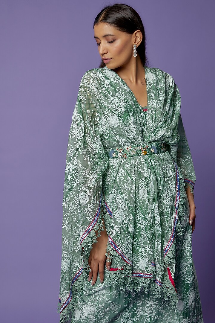 Green Chanderi Tie-Dye Printed Midi Vacation Dress With Jacket by Poonam Dubey Designs at Pernia's Pop Up Shop