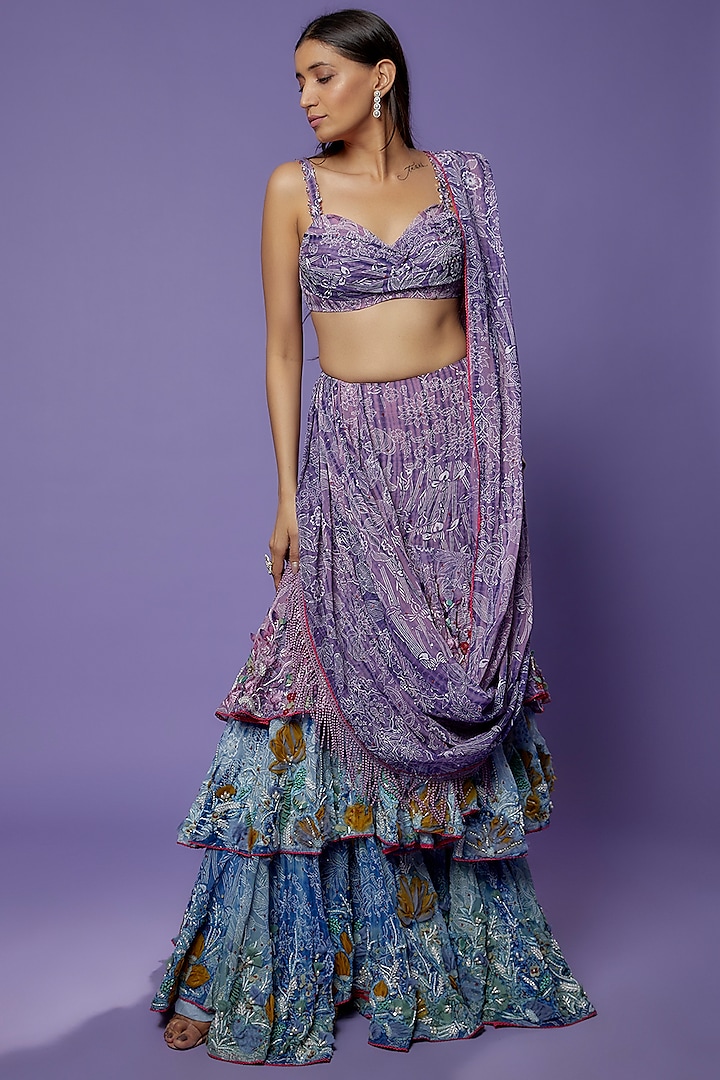 Multi-Colored Chanderi Tie-Dye Printed & Hand Embroidered Draped Saree Set by Poonam Dubey Designs