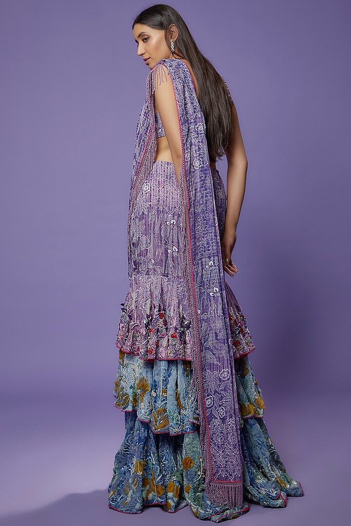 Multi-Colored Chanderi Tie-Dye Printed & Hand Embroidered Draped Reception Saree Set by Poonam Dubey Designs at Pernia's Pop Up Shop