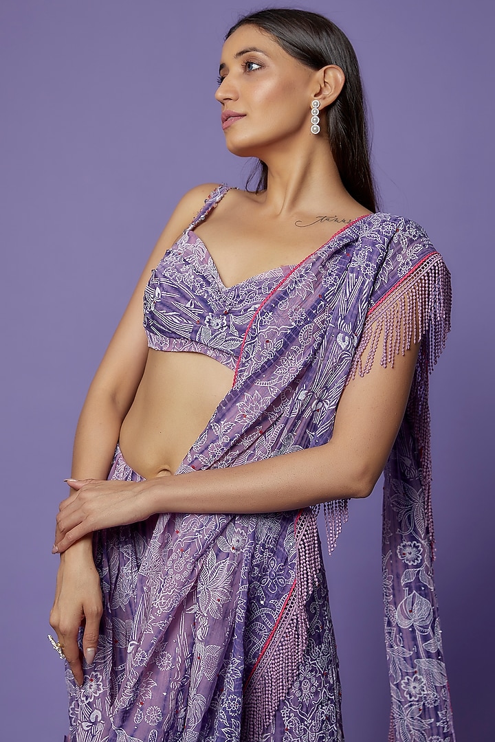 Multi-Colored Chanderi Tie-Dye Printed & Hand Embroidered Draped Reception Saree Set by Poonam Dubey Designs at Pernia's Pop Up Shop