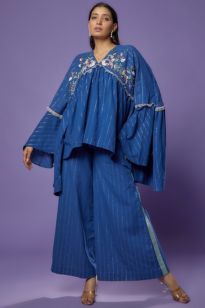 Blue Khadi Embroidered Tunic Set by Poonam Dubey Designs