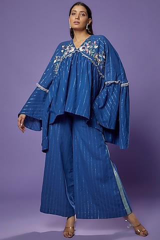 Blue Khadi Embroidered Tunic Set by Poonam Dubey Designs