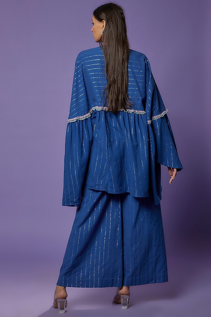 Blue Khadi Embroidered Tunic Set by Poonam Dubey Designs at Pernia's Pop Up Shop