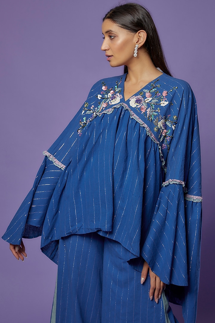 Blue Khadi Embroidered Tunic Set by Poonam Dubey Designs at Pernia's Pop Up Shop
