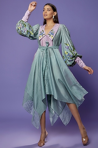 Sage Green Chanderi Organza Embroidered Asymmetrical Dress by Poonam Dubey Designs