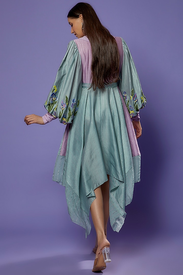 Sage Green Chanderi Organza Embroidered Asymmetrical Vacation Dress by Poonam Dubey Designs at Pernia's Pop Up Shop