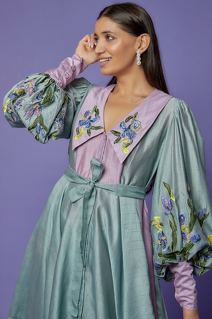 Sage Green Chanderi Organza Embroidered Asymmetrical Vacation Dress by Poonam Dubey Designs at Pernia's Pop Up Shop