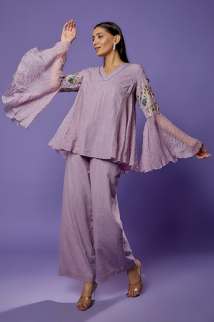 Purple Khadi Embroidered Tunic Set by Poonam Dubey Designs