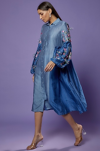 Blue Chanderi Embroidered Dress by Poonam Dubey Designs