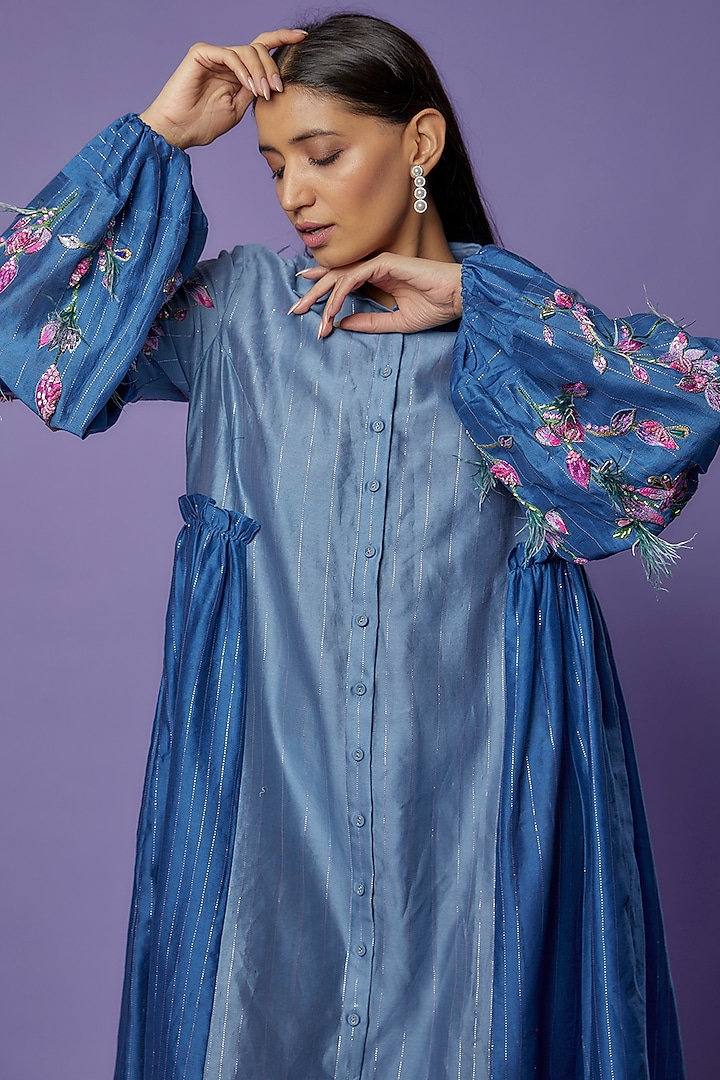 Blue Chanderi Embroidered Vacation Dress by Poonam Dubey Designs at Pernia's Pop Up Shop