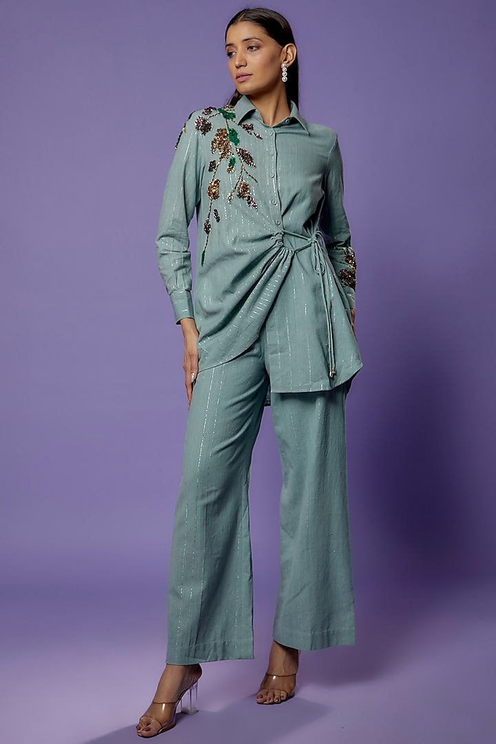 Sage Green Khadi Flared Pant Set by Poonam Dubey Designs