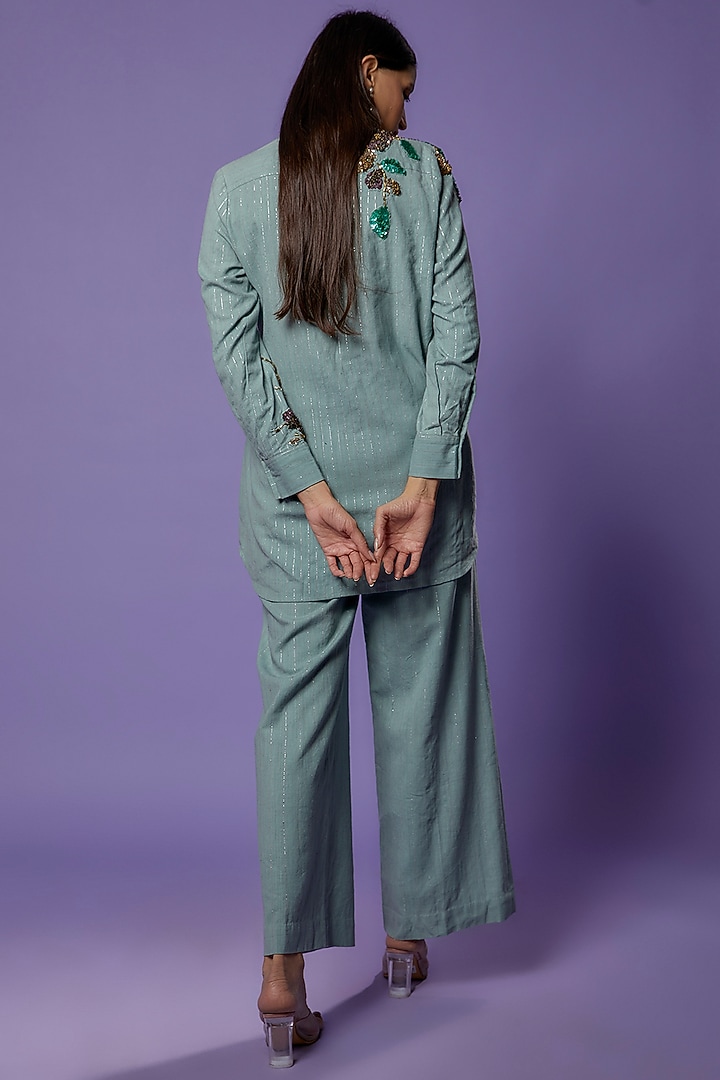 Sage Green Khadi Flared Pant Set by Poonam Dubey Designs at Pernia's Pop Up Shop