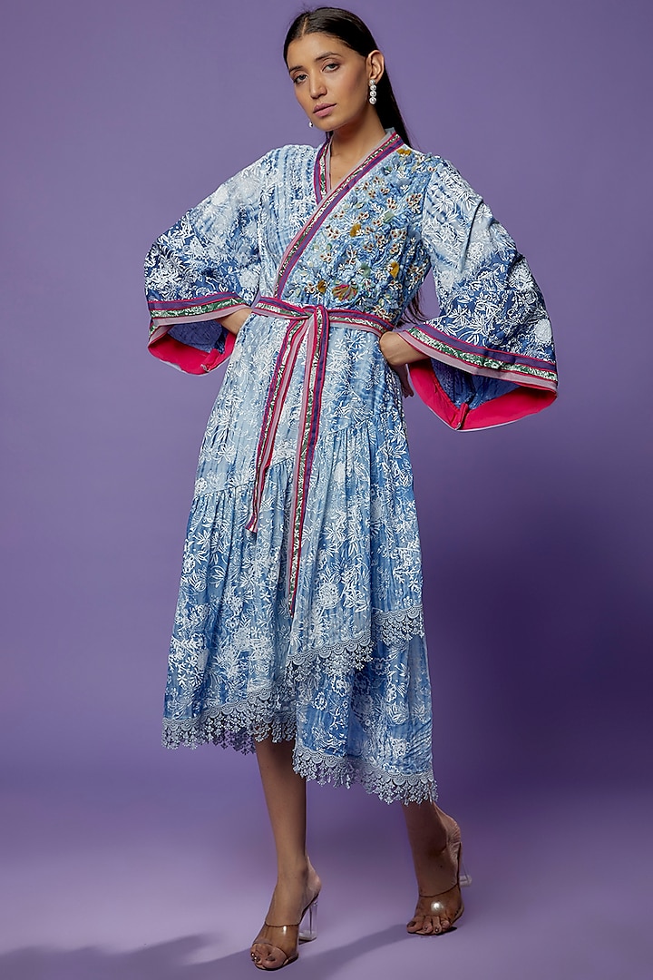 Blue Chanderi Tie-Dye Printed & Embroidered Dress by Poonam Dubey Designs