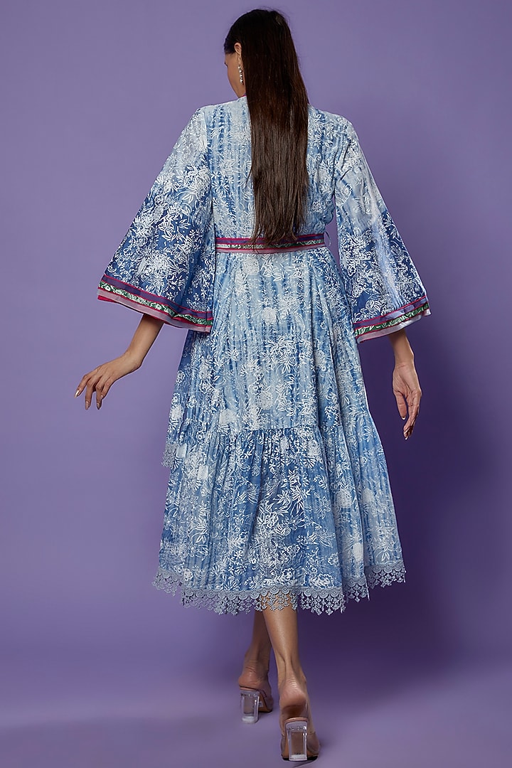 Blue Chanderi Tie-Dye Printed & Embroidered Vacation Dress by Poonam Dubey Designs at Pernia's Pop Up Shop