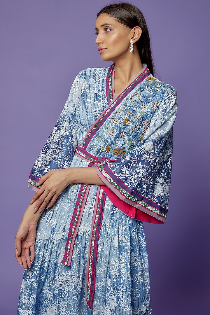 Blue Chanderi Tie-Dye Printed & Embroidered Vacation Dress by Poonam Dubey Designs at Pernia's Pop Up Shop