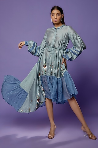 Multi-Colored Chanderi Embroidered Dress by Poonam Dubey Designs