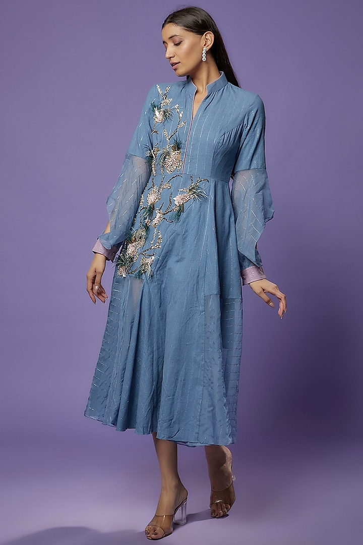 Blue Khadi Embroidered Asymmetrical Dress by Poonam Dubey Designs