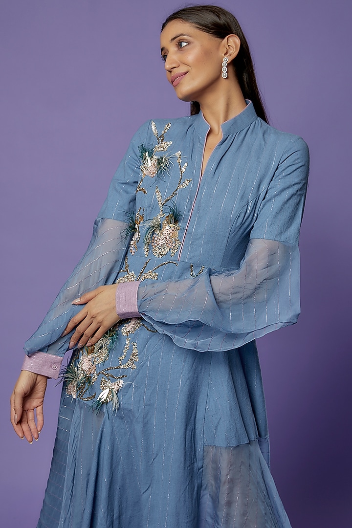 Blue Khadi Embroidered Asymmetrical Vacation Dress by Poonam Dubey Designs at Pernia's Pop Up Shop