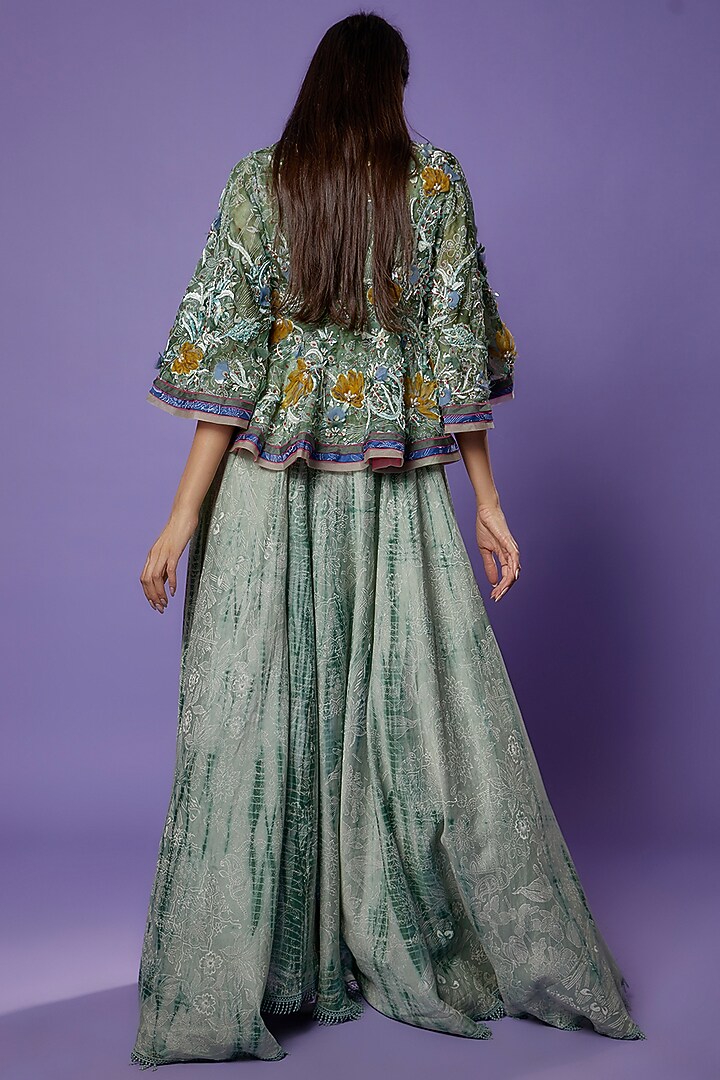 Green Chanderi & Organza Tie-Dye Printed Asymmetric Cocktail Dress With Jacket by Poonam Dubey Designs at Pernia's Pop Up Shop